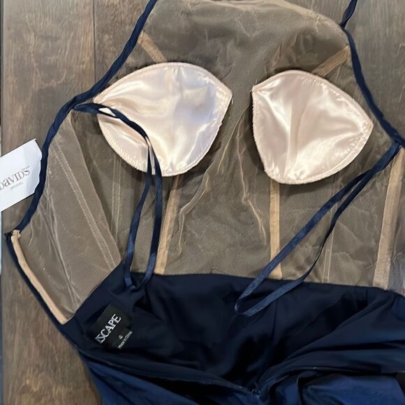 NWT Davids Bridal XSCAPE Bridesmaid Dress Navy Mermaid sheer Formal Dress Prom - Picture 9 of 14